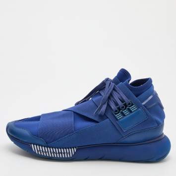 Pre Owned Adidas Y-3 Blue Neoprene And Leather Qasa High Top Sneakers Size 42