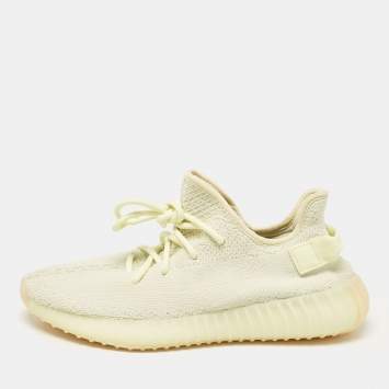 Pre Owned Yeezy x Adidas Light Yellow Knit Fabric Boost 350 V2 Butter Sneakers Size 42