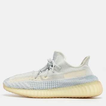 Pre Owned Yeezy x Adidas Blue/White Knit Fabric Boost 350 V2 Cloud White Low Top Sneakers Size 45 1/3