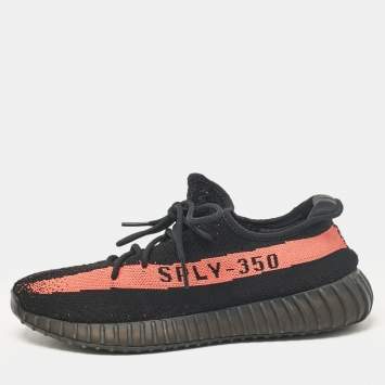 Pre Owned Yeezy Black Knit Fabric Boost 350 V2 Lace Up Sneakers 47 2/3