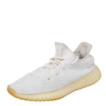 Pre Owned Yeezy x Adidas White Knit Fabric Boost 350 V2 Triple Lace Up Sneakers Size 42 2/3