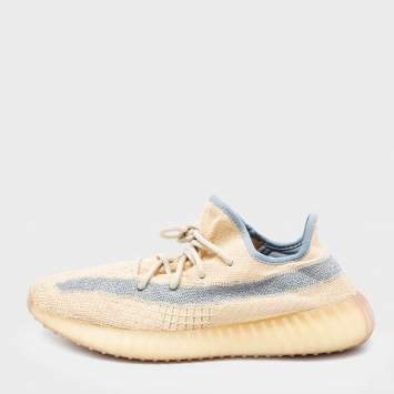 Pre Owned Yeezy x Adidas Cream/Grey Knit Fabric Boost 350 V2 Linen Sneakers Size 43 1/3