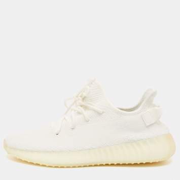 Pre Owned Yeezy x Adidas White Knit Fabric Boost 350 V2 Lace Up Sneakers Size 46 2/3