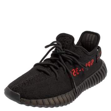 Pre Owned Yeezy x Adidas Boost 350 V2 Black/Red Cotton Knit Lace Up Sneakers Size 42.5