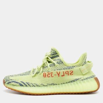 Pre Owned Yeezy x Adidas Neon Yellow Knit Fabric Semi Frozen Boost 350 V2 Sneakers Size 43 1/3