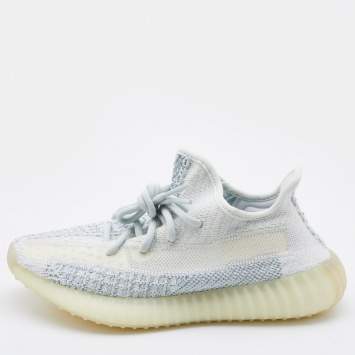 Pre Owned Yeezy x Adidas White/Green Knit Fabric Boost 350 V2 Cloud White Non Reflective Sneakers Size 39 1/3
