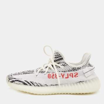 Pre Owned Yeezy x Adidas White/Black Knit Fabric Boost 350 V2 Sneakers Size 411/3