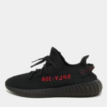 Pre Owned Yeezy x Adidas Black/Red Knit Fabric Boost 350 V2 Bred Sneakers Size 48 