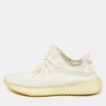 Pre Owned Yeezy x Adidas White Knit Fabric Boost 350 V2 Cream Sneakers Size 48