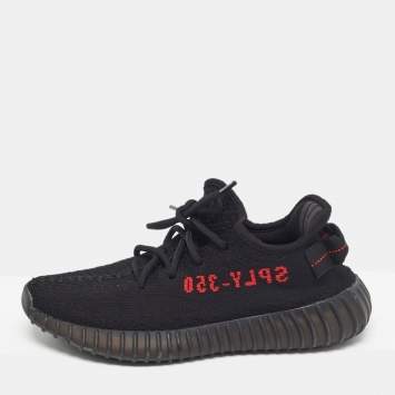 Pre Owned Yeezy x Adidas Black Knit Fabric Boost 350 V2 Black Red Sneakers 38 2/3