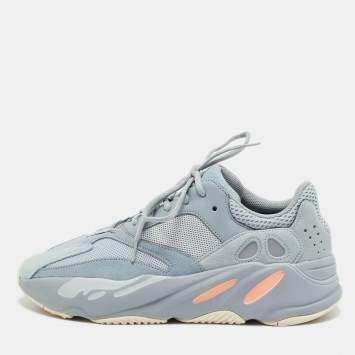Pre Owned Yeezy x Adidas Grey/Blue Suede and Mesh Boost 700 Inertia Sneakers Size 46
