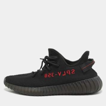 Pre Owned Yeezy x Adidas Black Knit Fabric Boost 350 V2 Bred Sneakers Size 44 2/3