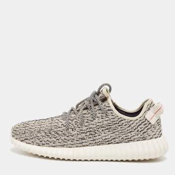 Pre Owned Yeezy x Adidas Black/Cream Knit Fabric Boost 350 V2 Lace Up Sneakers Size 46 2/3 