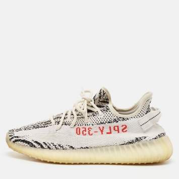 Pre Owned Yeezy x Adidas White/Black Knit Fabric Boost 350 V2 Zebra Sneakers Size 45 1/3