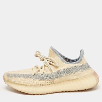 Pre Owned Yeezy x Adidas Beige/Blue Knit Fabric Boost 350 V2 Linen Sneakers Size 44