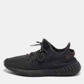 Pre Owned Yeezy x Adidas Black Knit Fabric Boost 350 V2 Static Black Non-Reflective Sneakers Size 44
