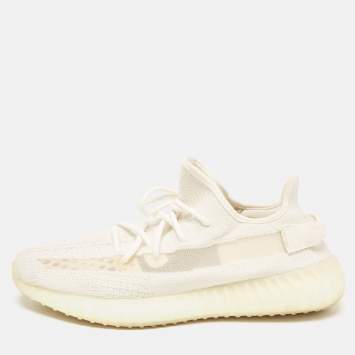 Pre Owned Yeezy x Adidas Off White Knit Fabric Boost 350 V2 Bone Sneakers Size 46 2/3