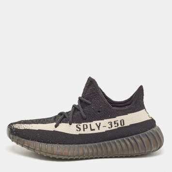 Pre Owned Yeezy x Adidas Black Knit Fabric Boost 350 V2 Core Black White Sneakers Size 44