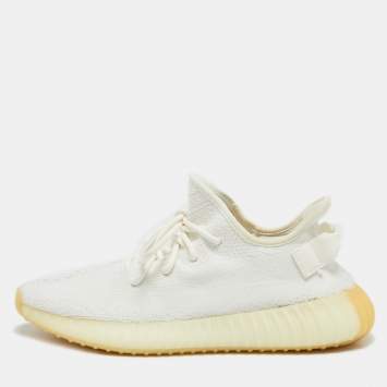 Pre Owned Yeezy x Adidas White Knit Fabric Boost 350 V2 Cream Sneakers Size 42 2/3