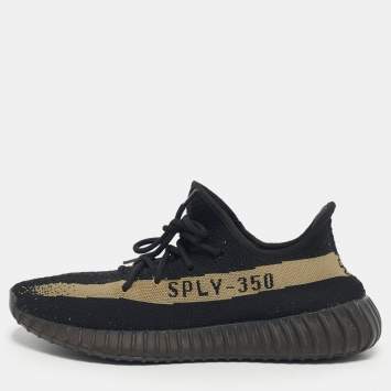 Pre Owned Yeezy x Adidas Black/Green Knit Fabric Boost 350 V2 Core Black Green Sneakers Size 46