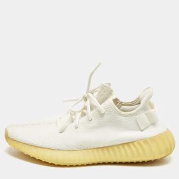 Pre Owned Yeezy x Adidas White Knit Fabric Boost 350 V2 Low Top Sneakers Size 42 2/3