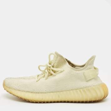 Pre Owned Yeezy x Adidas Light Yellow Knit Fabric Boost 350 V2 Butter Sneakers Size 43 1/3