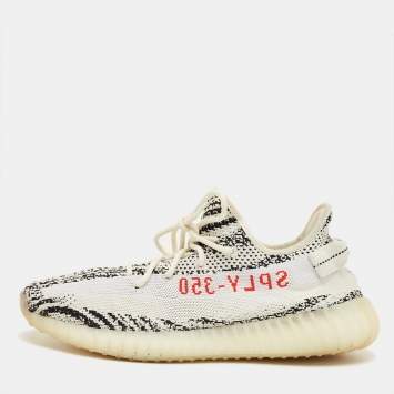 Pre Owned Yeezy x Adidas White/Black Knit Fabric Boost 350 V2 Zebra Sneakers Size 45 1/3