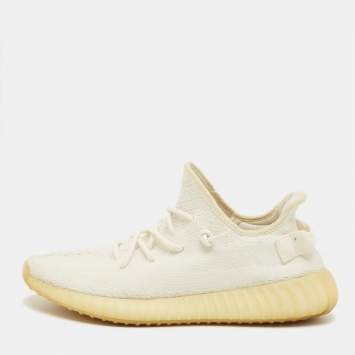 Pre Owned Yeezy x Adidas White Knit Fabric Boost 350 V2 Cream Sneakers Size 45 1/3