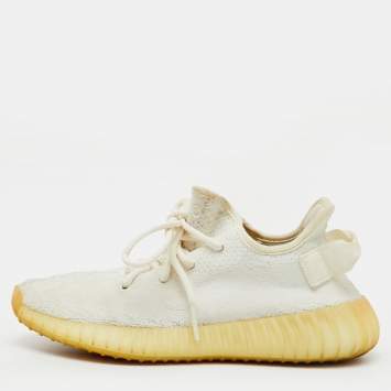 Pre Owned Yeezy x Adidas White Knit Fabric Boost 350 V2 Cream White Sneakers Size 37 1/3