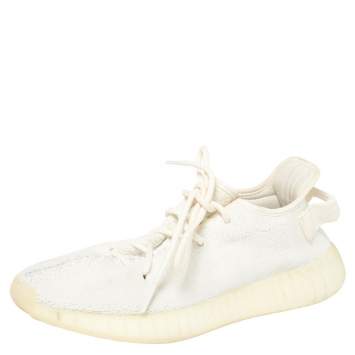 Pre Owned Yeezy x adidas Cream Cotton Knit Fabric Boost 350 V2 Triple White Sneakers Size 40
