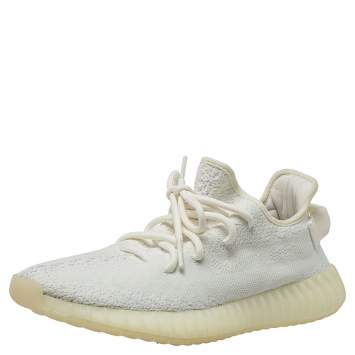 Pre Owned Yeezy x Adidas Cream Cotton Knit Boost 350 V2 Triple White Sneakers Size 41 1/3