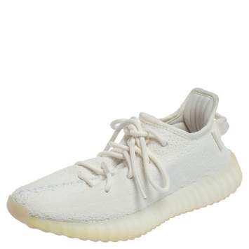 Pre Owned Yeezy x Adidas White Knit Fabric Boost 350 V2 Cream/Triple White Sneakers Size 36