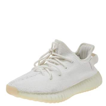 Pre Owned Yeezy x adidas White Knit Fabric Boost 350 V2 Triple White Low Top Sneakers Size 42