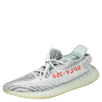 Pre Owned Yeezy x adidas Grey/Blue Knit Fabric Boost 350 V2 Static Non Reflective Sneakers Size 43 2/3