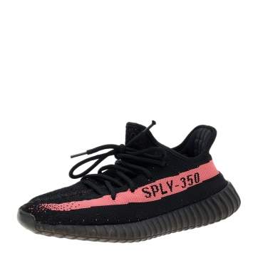 Pre Owned Yeezy x Adidas Black/Red Knit Fabric Boost 350 V2 Core Black Red Sneakers Size 41 1/3