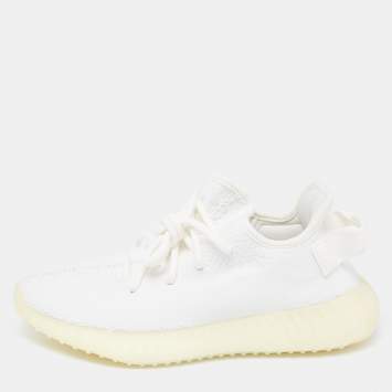 Pre Owned Yeezy x Adidas White Knit Fabric Boost 350 V2 Triple White Sneakers Size 37 1/3
