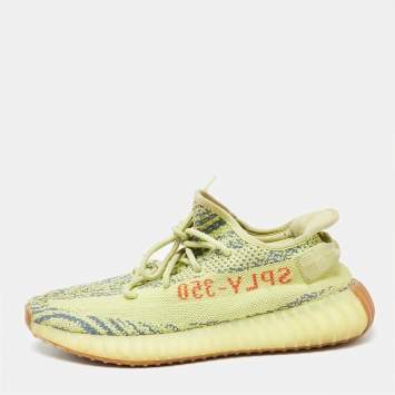 Pre Owned Yeezy x Adidas Yellow Knit Fabric Boost 350 V2 Semi Frozen Yellow Sneakers Size 42