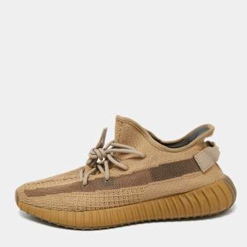 Pre Owned Yeezy x Adidas Brown Knit Fabric Boost 350 V2 Earth Lace Up Sneakers Size 44