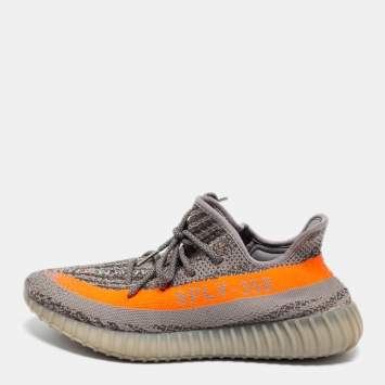 Pre Owned Yeezy Grey/Orange  Knit Fabric Boost 350 Beluga Sneakers Size 45 1/3