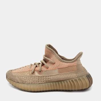 Pre Owned Yeezy x Adidas Light Brown Knit Fabric Boost 350 V2 Sand Taupe Sneakers Size 37 1/3