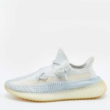 Pre Owned Yeezy x Adidas White/Blue Knit Fabric Boost 350 Cloud White Low Top Sneakers Size 44 2/3
