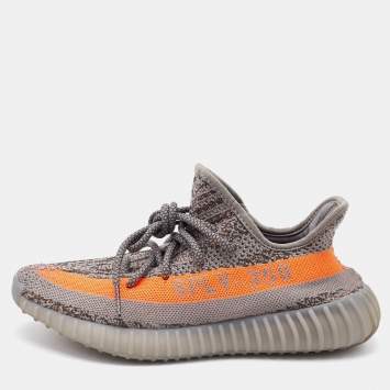 Pre Owned Yeezy x Adidas Grey/Orange Knit Fabric Boost 350 V2 Beluga Low Top Sneakers Size 39 1/3
