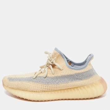Pre Owned Yeezy x Adidas Light Yellow/Blue Knit Fabric Boost 350 V2 Linen Sneakers Size 44 2/3