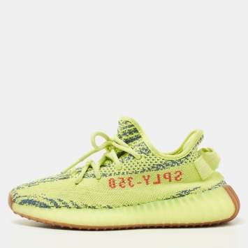 Pre Owned Yeezy x Adidas Neon Yellow Knit Fabric Boost 350 V2 Semi Frozen Yellow Sneakers Size 38