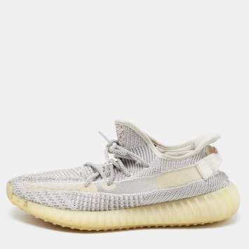Pre Owned Yeezy x Adidas White/Grey Knit Fabric Boost 350 V2 Static Reflective Sneakers Size 45 1/3