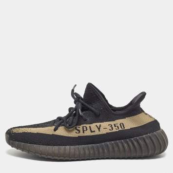 مملوكة مسبقًا Adidas Yeezy Boost Black Knit Fabric 350 V2 Core Black Green Sneakers Size 44