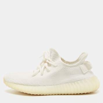 Pre Owned Yeezy x Adidas Off White Knit Fabric Boost 350 V2 Triple White Sneakers Size 38 2/3