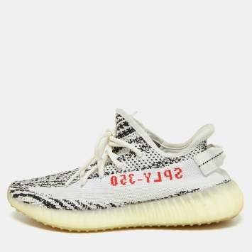 Pre Owned Yeezy x Adidas White/Black Knit Fabric Boost 350 V2 Zebra Sneakers Size 39 1/3