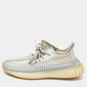 Pre Owned Yeezy x Adidas White/Green Knit Fabric Boost 350 V2 Cloud White Non Reflective Sneakers Size 38 2/3