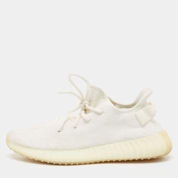Pre Owned Yeezy x Adidas White Knit Fabric Boost 350 V2 Cream Sneakers Size 43 1/3